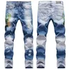 Högkvalitativa Mens Jeans Coconut Palm Printed Colored Ripped Jeans Slim Fit Holes Distressed Stretch Denim Pants Byxor Jeans