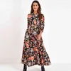 Moda-Aachoee Vintage Floral Impressão Maxi Dress Mulheres Boho Três Quarter Sleeve Longa Goltar Colares Camisa Casual es Robe