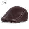 HL042 Spring Men's Real Echte Leer Leather Baseball Cap Brand Newsboy /Beret Hat Winter Warm Capshats Men met oren Ear Flap Y200110