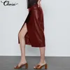 Fashion Skirt Women PU Leather Midi Sexy High Waist Bodycon Split Skirt Casual Knotted Office Zipper Plus Size