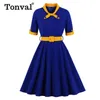 Tonval Green Contrast Bow Neck and Cuff Vintage Dress Sukienka Pół Rękaw Jesienne Kobiety Fit and Flare Retro Swing Dresses Y0118