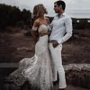 2022 Boho Mermaid Crochet Lace Bröllopsklänningar Trumpet Bridal Gowns Split Front Off The Shoulder Long Beach Bride Dress Vestido de Novia