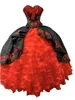 2022 Mode Charro Noir Rouge Quinceanera Robes Arc Floral Applique Perles Plissée Sans Bretelles À Lacets Dos Doux 15 Filles Robe De Soirée Mexicaine