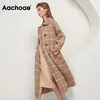 Aachoae Cappotto lungo di lana scozzese vintage da donna con tasche Cappotto di moda doppio petto Cappotto di lana a maniche lunghe a pipistrello femminile 201027