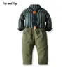 Top e Top Autunno Abbigliamento per ragazzi Set Camicia a maniche lunghe con papillon a righe Top + Pantaloni con bretelle Baby Kid Abito da uomo formale LJ201202