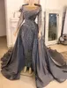 2020 Arabic Aso Ebi Gray Luxurious Sexy Evening Pearls Beaded Prom Dresses Sheath Formal Party Second Reception Gowns ZJ593