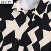 Zevity kadınlar vintage kontrast renk geometrik baskı pileler midi gömlek elbise dişi şık dönüş yakalı iş vestido ds8767 220215