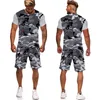 Yaz Camo erkek Fermuar T-shirt / Şort / Takım Elbise Erkek Kısa Kollu Askeri Kamuflaj Spor Set Unisex Rahat 2 Adet Eşofman G220224