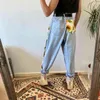 2020 New Trend Sunflowers Printed Light Blue Jeans fit women young Girls soft denim long pant patchwork Harem hight waist jeans Y220311