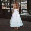 2021 Boho Satin Krótkie suknie ślubne Długość kostki Spaghetti Backless Beach A Line Bride Suknie z kieszeniami Proste Vetsidos de Novia Al8388 \ t