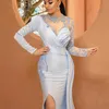 High Neck Long Sleeves Mermaid Evening Dresses with Beaded Split Sweep Train Satin Formal Prom Gowns Plus Size