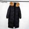 Lagabogy Grande Vera Pelliccia di Procione Inverno Donna 90% Piumino d'anatra bianca Donna Spessa con cappuccio Lungo Parka Cappotto da neve oversize 211221