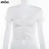 Apromentos Sexy Manga Longa Ruched T-Shirt Branco Mulheres V Neck Stretch Básico Crop Top 90 Meninas Slim Cropped Camiseta Tee Feminino Tops 201028