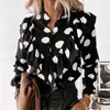 Camicetta casual con stampa leopardata a pois con volant Camicia Autunno Inverno Manica lunga da donna Camicie Elegante Office Lady con scollo a V Top con bottoni Blusa 220315