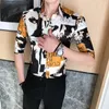 Designer Skriv ut Kortärmad Slim Fit Men Klänning Skjortor Streetwear Kläder Camisa Masculina 2021 Vårskjorta