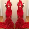 NIEUWE! 2022 Rood Hoge Hals Prom Jurken Sexy Handgemaakte Bloemen Mermaid Avondjurken Telling Trein Zwarte Meisjes Afrikaanse Toga Backless Hollow Out BC1038 XU