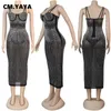 CM.YAYA Mesh See Though s Plunging V-neck Midi Bodycon Dress for Women Sexy Club Party Dresses Pencil Vestidos 220216