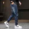 Jogging Broek Elastische Taille Trekkoord Jeans voor Man Blauw Ontspannen Taps Toelopende Mannen Mode Broek Mannen Oversized Broek Jean 42222O