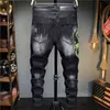 Herren Four Seasons Slim PP Washed Black Hot Drill Tight Stretch Casual Fashion Go-Go Trend im Taillenloch Jeans mit kleinem Bein G0104