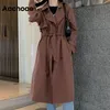 Aachoae Donna Doppio Petto Solido Lungo Trench A Pipistrello Manica Lunga Cappotto Dritto Fasciatura Elegante Giacca a Vento Coreano Outwear 201028