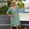 Damer Puff Sleeve Green Dot Printed Summer Cute Dresses Women New Retro Jurk V Neck Onighty Dreses S M L XL T200603