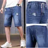 Mäns jeans 9xl 10xl stor storlek denim shorts blå svart tunn sektion casual lös stor dragsko med elastisk midjeband