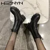 WGZNYN 2022 Black PU Leather Ankle Boots Women Autumn Winter Round Toe Lace Up Shoes Woman Fashion Motorcycle Platform Botas