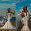 2022 Sexiga African Cap Sleeves Mermaid Bröllopsklänningar Sheer Crew Neck Applique Lace Backless Bridal Gowns Plus Storlek Bröllopsklänning