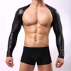 Man T-shirts Zwart Kunstleer Mesh Mannen Grappige Crop Tops / Gay Sexy Nylon Spandex Lange Mouwen Worstelen Shirts 201203