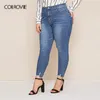 Colrovie Plus Ripped Frayed Kant Skinny Jeans Kvinnor Höstknapp Fluga Blå Jeans Casual Ladies Stretchy Denim Pants 201106