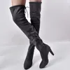 Bottes d'hiver au dessus du genou pour femme, chaussures en tissu extensible, à talons hauts, à enfiler, bout pointu, longues, taille 34 à 43