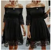 Vestido de fiesta corto negro con mangas, encaje y hombros descubiertos, algodón elástico, fotos reales S M L XL XXL