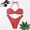 Sätt stropplös baddräkt Sexig hög midja rygglös fast färg Bikini Swim Wear Twopiece Swimming Swimming For Women