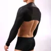 Man T-shirts Zwart Kunstleer Mesh Mannen Grappige Crop Tops / Gay Sexy Nylon Spandex Lange Mouwen Worstelen Shirts 201203