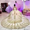 Long Sleeve champagne gold Quinceanera Dresses Ball Gown Girls Princess Satin Prom Masquerade Sweet 16 Dresses for 15 Year
