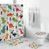 Tecknad dinosaur Söt dusch gardin för barn Bad Animal Print 4 Piece Tillbehör Set Soft Toalett Mat Pad Badrum Inredning T200711