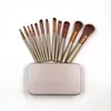 12 pc Makeup Brush Set Gold Metal Box Rod Full Wooden Handle High Grade Professional Make Up Brushes Kit