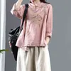 春の新芸術スタイルの女性ビンテージボタンスタンドカラールーズシャツコットンリネン刺繍ブラウスFemme Blusas Plus Size S700 H1230