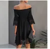 Abito da ballo corto nero con maniche in pizzo e spalle scoperte in cotone elastico Foto reali S M L XL XXL