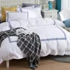 Luxury 100% Egypt Cotton White Embroidery 5 stars Hotel Bedding Set Satin Strip Bed Line duvet cover sheet 4/6pcs T200706