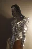 Silver Laser Sequins Backless Slit Dress Club Women Dancer Singer Singer Performance Reflective Mirror Costume Nightclub Bar Sexy Party Stage Wear