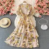 Novo verão casual floral impressão meados de bezerro senhora vestido curto a linha v pescoço manga puff chiffon pulôver vestidos woemn 2022