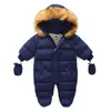 어린이 겨울 점프 수트 모피 후드 아기 소녀 소년 snowsuit 러시아 겨울 유아 겉옷 오픈 옥스 아기 두꺼운 rompers 장갑 lj201007