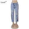 Liooil Bleu Zip Up Ripped Jeans avec trous Poches taille haute Ceinture Jean Pantalons pour femmes Wash Distressed Sexy Slit Denim Pants 201029