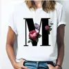 Camisetas con 26 letras del alfabeto para mujer, camiseta informal de manga corta con flores combinadas, estilo coreano, envío directo