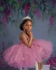 Spaghetti boll kappa tutu blomma flicka klänningar för brölloprosa rosa puffy girls pageant klänningar baby födelsedagsfest bär 2021