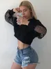 Czarny Cropped Bluza Z Długim Rękawem Top Kobiety Bluzy Z Kapturem Streetwear KPOP Harajuku Bluza Crop Tops Mesh Hoody Odzież 220311