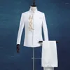 Trajes de hombre Blazers Venta al por mayor- 2021 Moda masculina Stand Collar Business Casual Tuxedos Chinese Dragon White Slim Túnica Blazer (chaqueta + pantalones)