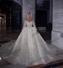 2022 Sparkle Glitter Abiti da sposa Abiti da sposa Maniche lunghe Pizzo Paillettes Robe de Mariage Handmade Sheer Neck vestido de novia