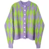 Lilac och Green Argyle Mohair Cardigan med knapp Fram Långärmad Crew Neck Knit Top Kvinnors Cardigan Sweater / 201029